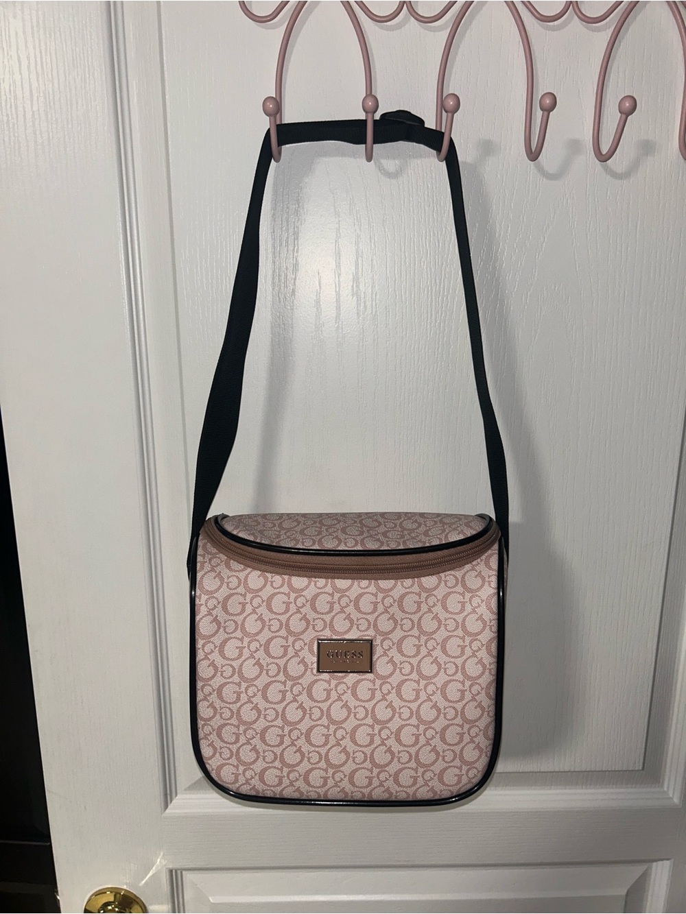 Guess Pink Monogram Crossbody with Black Strap